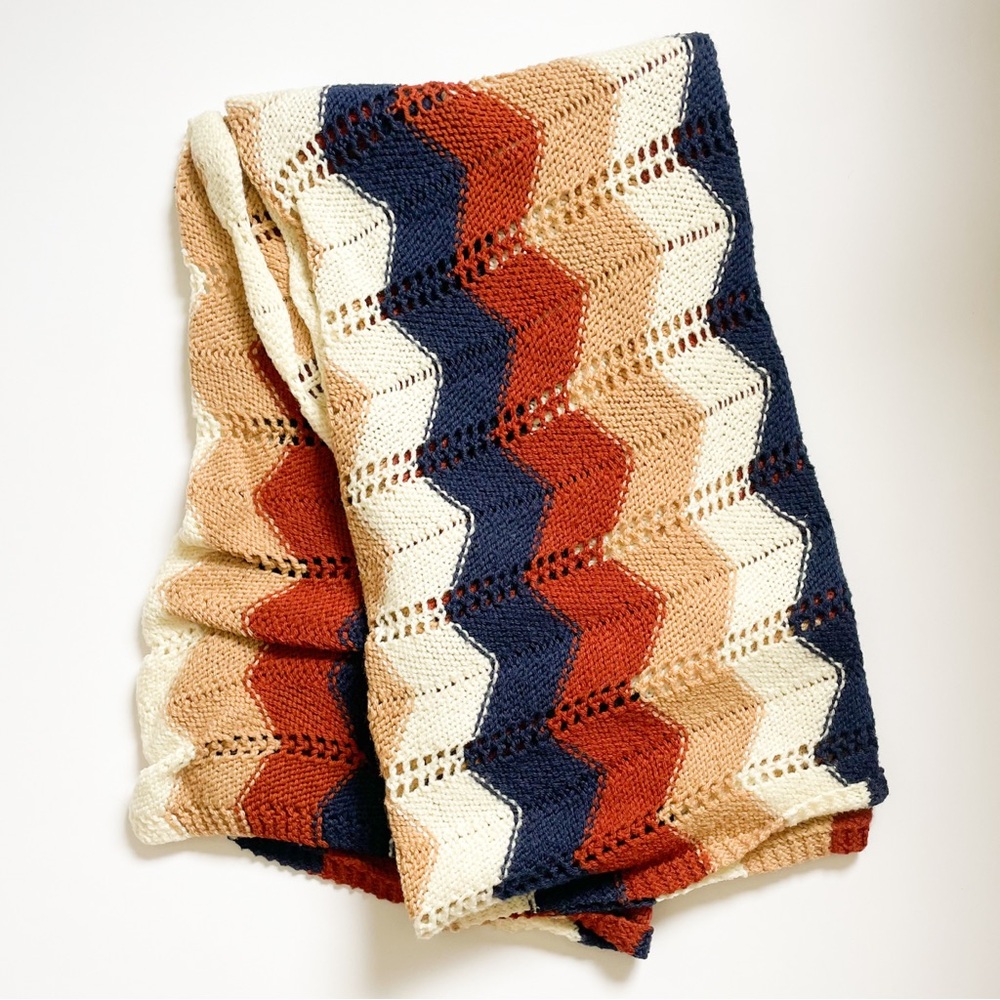 Vintage 70s Chevron Knit Throw Blanket in Navy, Rust, Cream, and Tan
